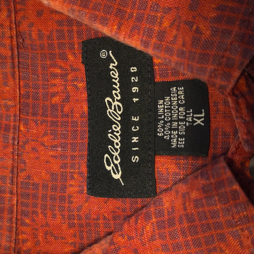 Eddie Bauer Mens Casual Button Up Hawaiian Shirt XL Tall Linen Cotton Geo Red